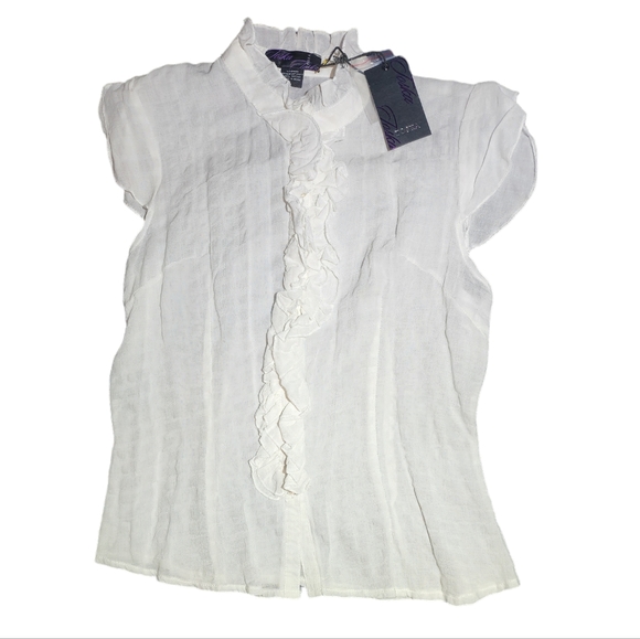 White ruffled button down top - Picture 1 of 3